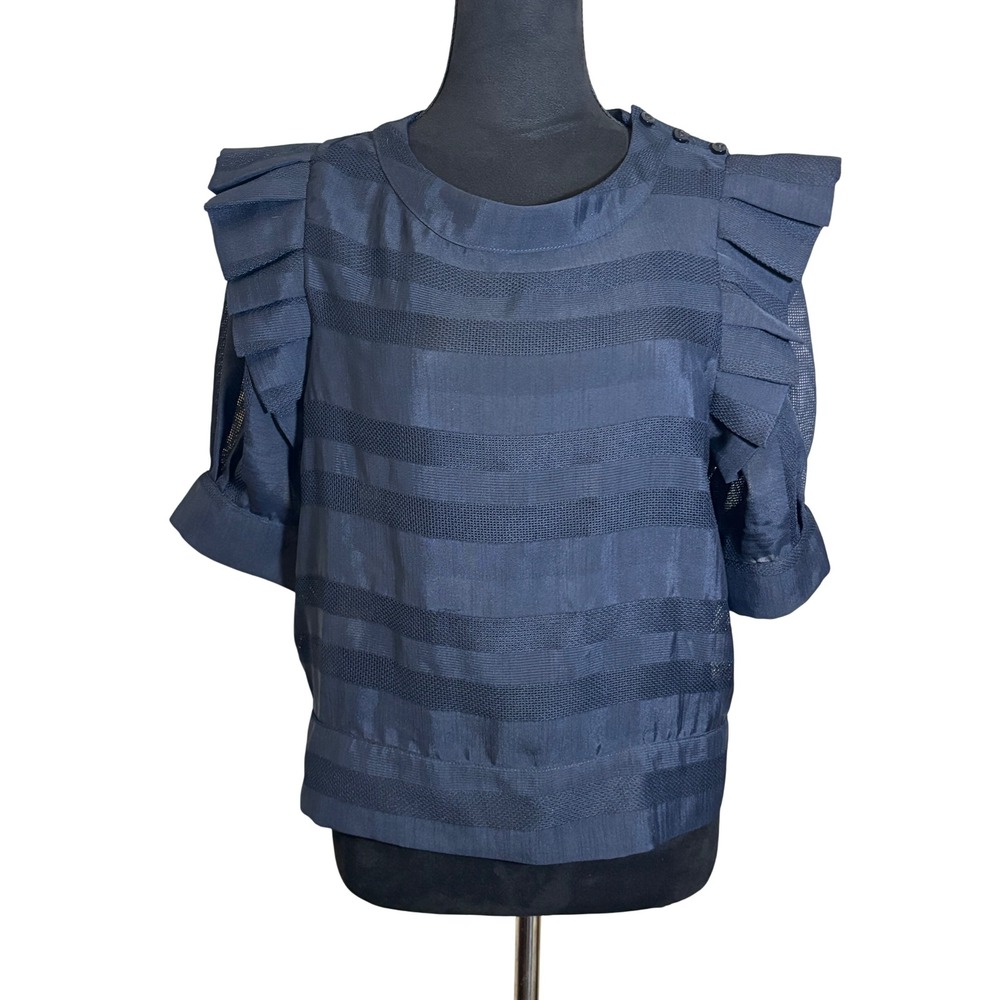 Katharine Kidd Ruffled Sleeve Top‎ Sheer Striped Blouse Detail Navy Blue Size S